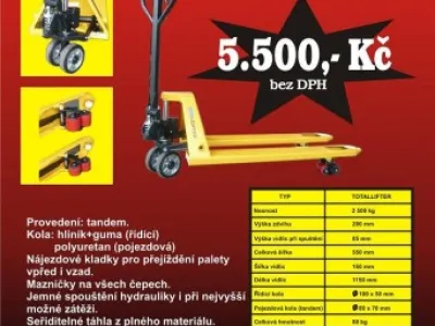 Paletovací vozík nový, nosnost 2500 kg, záruka 24 měsíců