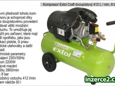 Kompresor Extol Craft 50L dvoupístový 8bar 412L/min