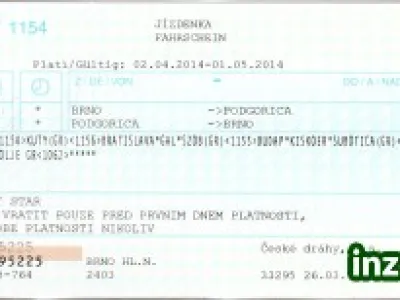 Prodám zpáteční vlakovou jízdenku Brno-Podgorica (Černá Hora)