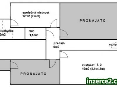 Pronájem 1x kancelář (19m2) + spol. místnost (12m2) + kuchyňka + soc. zař., Praha 10 (Hostivař)